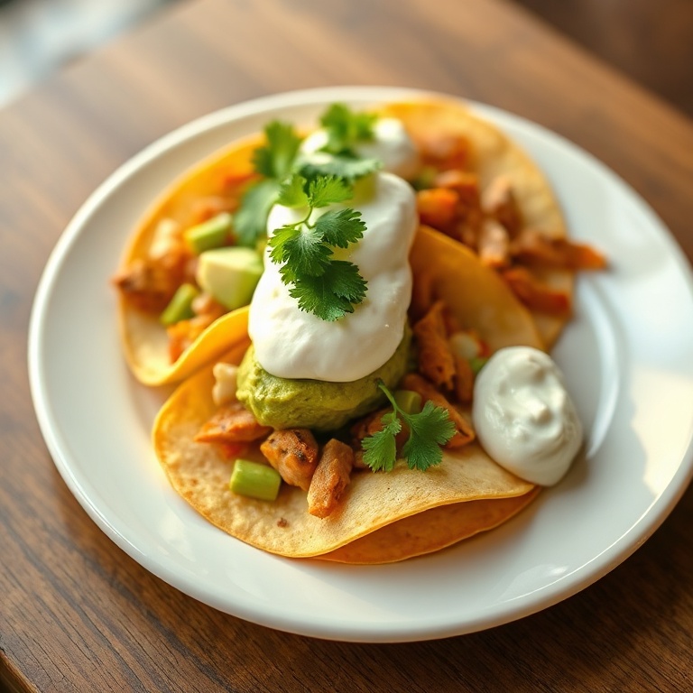 Perfectly plated taco salad with guacamole and sour cream on a white plate