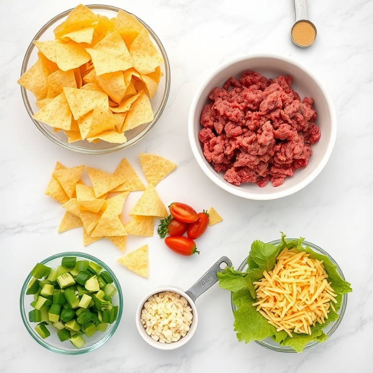 Raw ingredients for taco salad: ground beef, lettuce, tomatoes, cheese, beans, tortilla chips, and sour cream