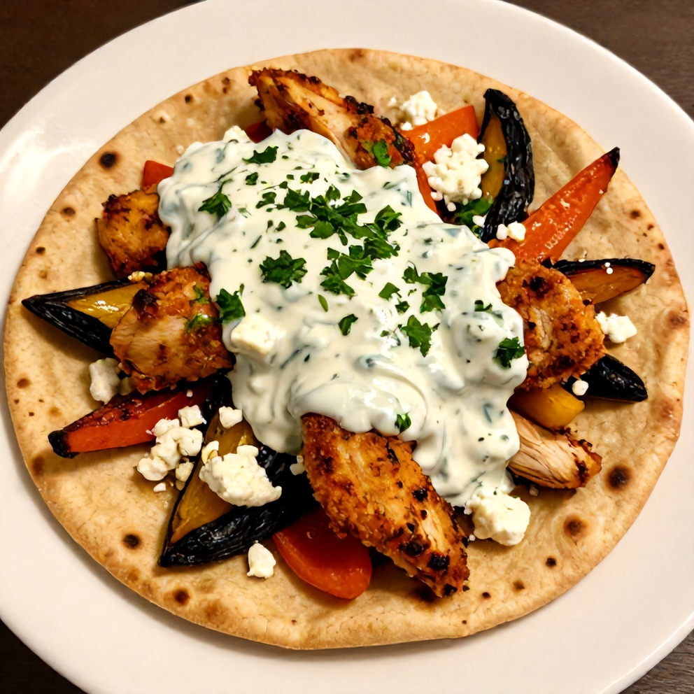 Plated Sheet Pan Chicken Pita with Herby Ranch Sauce