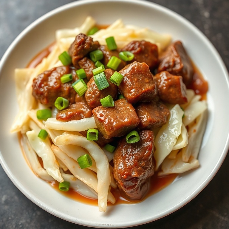 A perfectly plated serving of beef and cabbage. Garnished with green onions. Close crop shows sauce and texture.