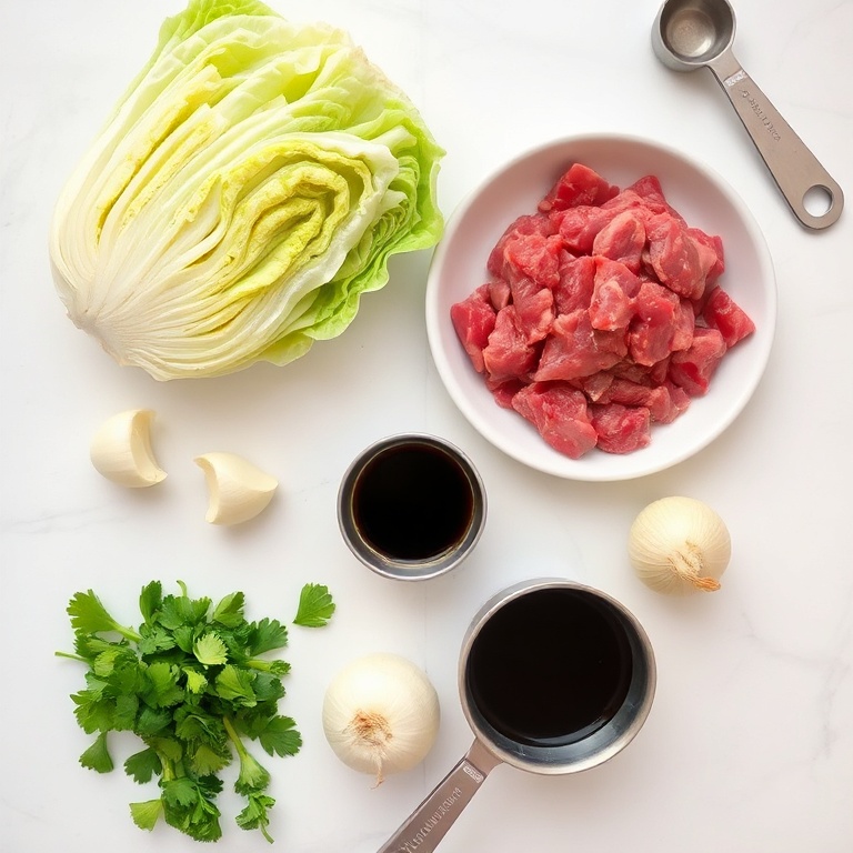 Raw ingredients for beef and cabbage dinner on a white surface. Beef, cabbage, garlic, soy sauce, and onion visible. Measuring tools and bowls nearby.