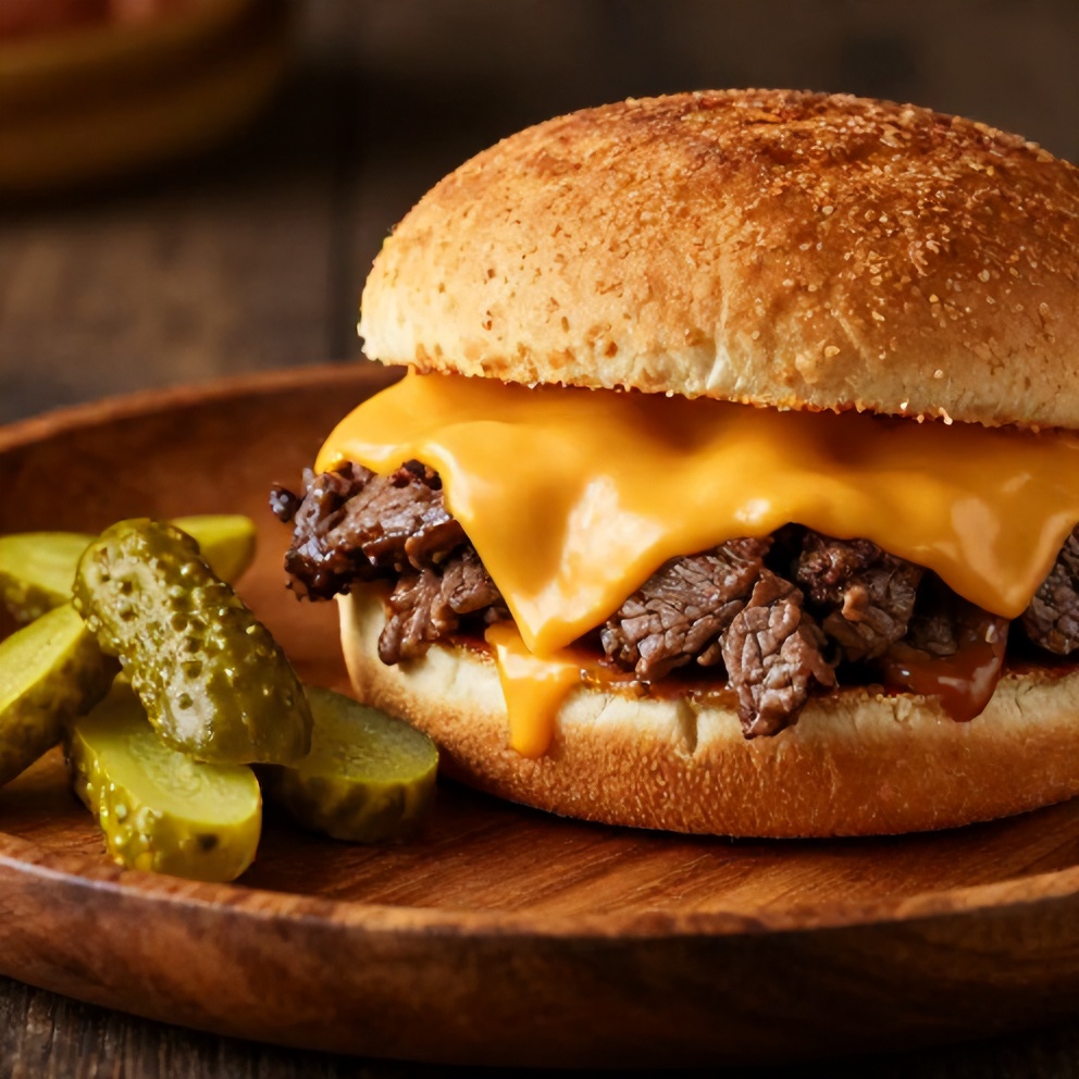 Plated beef and cheddar sandwiches with a side of pickles on a rustic wooden table