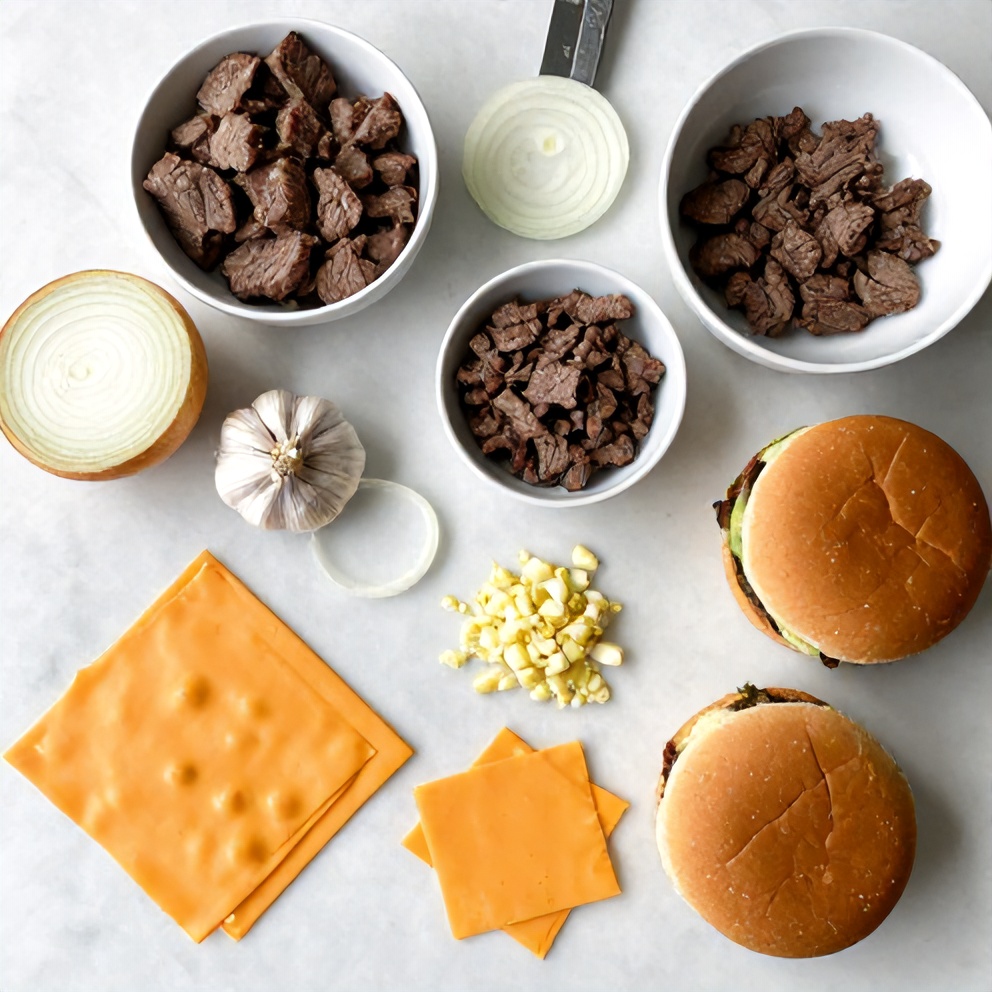 Flat lay of beef, onions, garlic, cheddar cheese, and other ingredients for the sandwiches