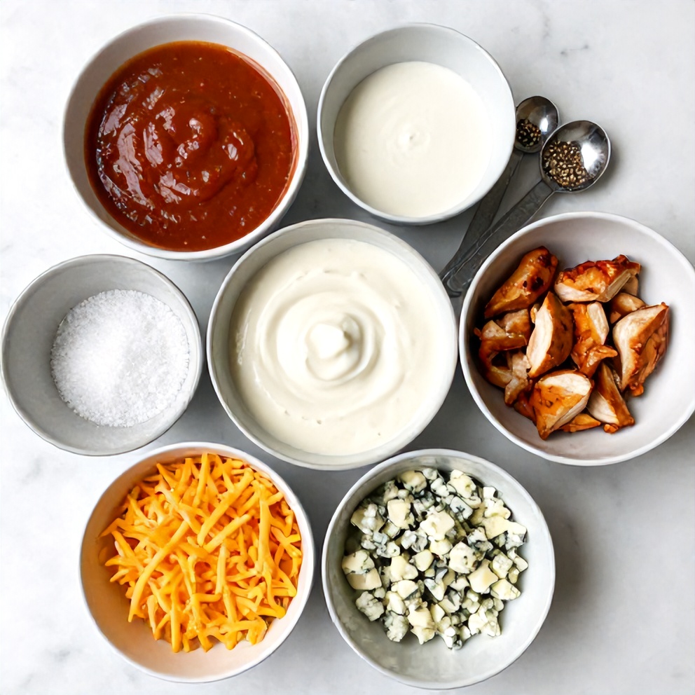 Buffalo Chicken Dip Ingredients Flat Lay