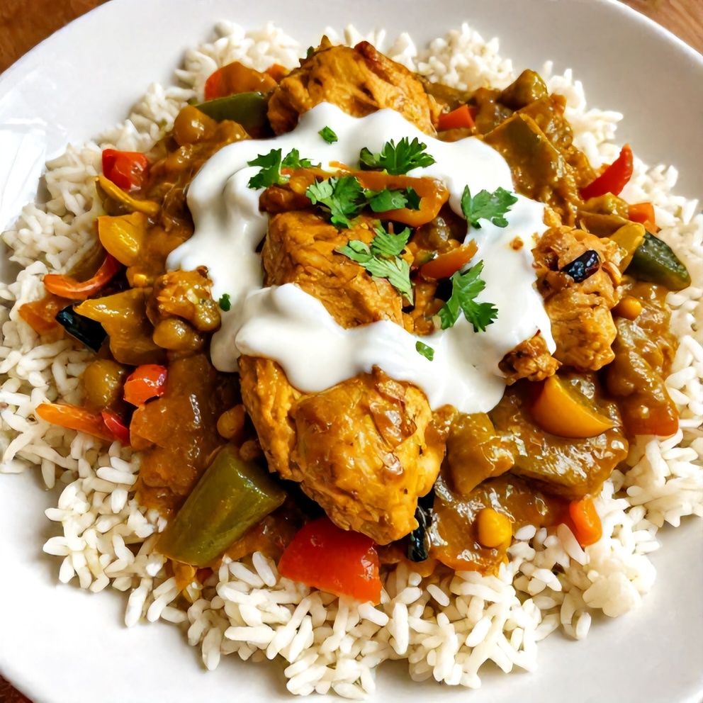 Plated serving of Slow Cooker Chicken Curry over steamed rice