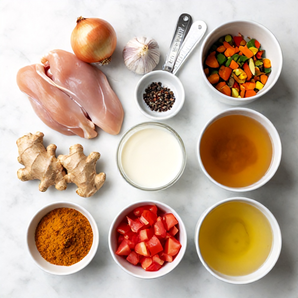 Raw ingredients for Slow Cooker Chicken Curry laid out on a marble surface