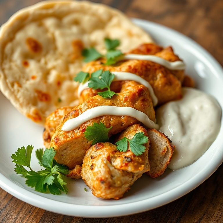Serving of chicken shawarma with pita, tahini, and fresh cilantro