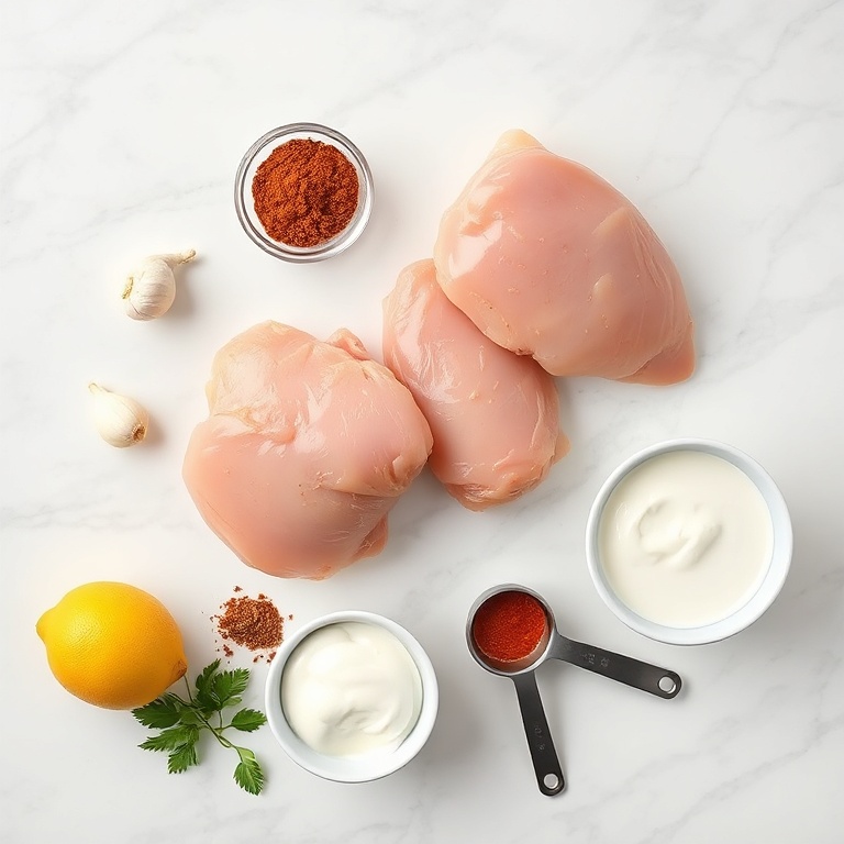 Chicken thighs, garlic, cumin, paprika, yogurt, and lemon on a white marble countertop
