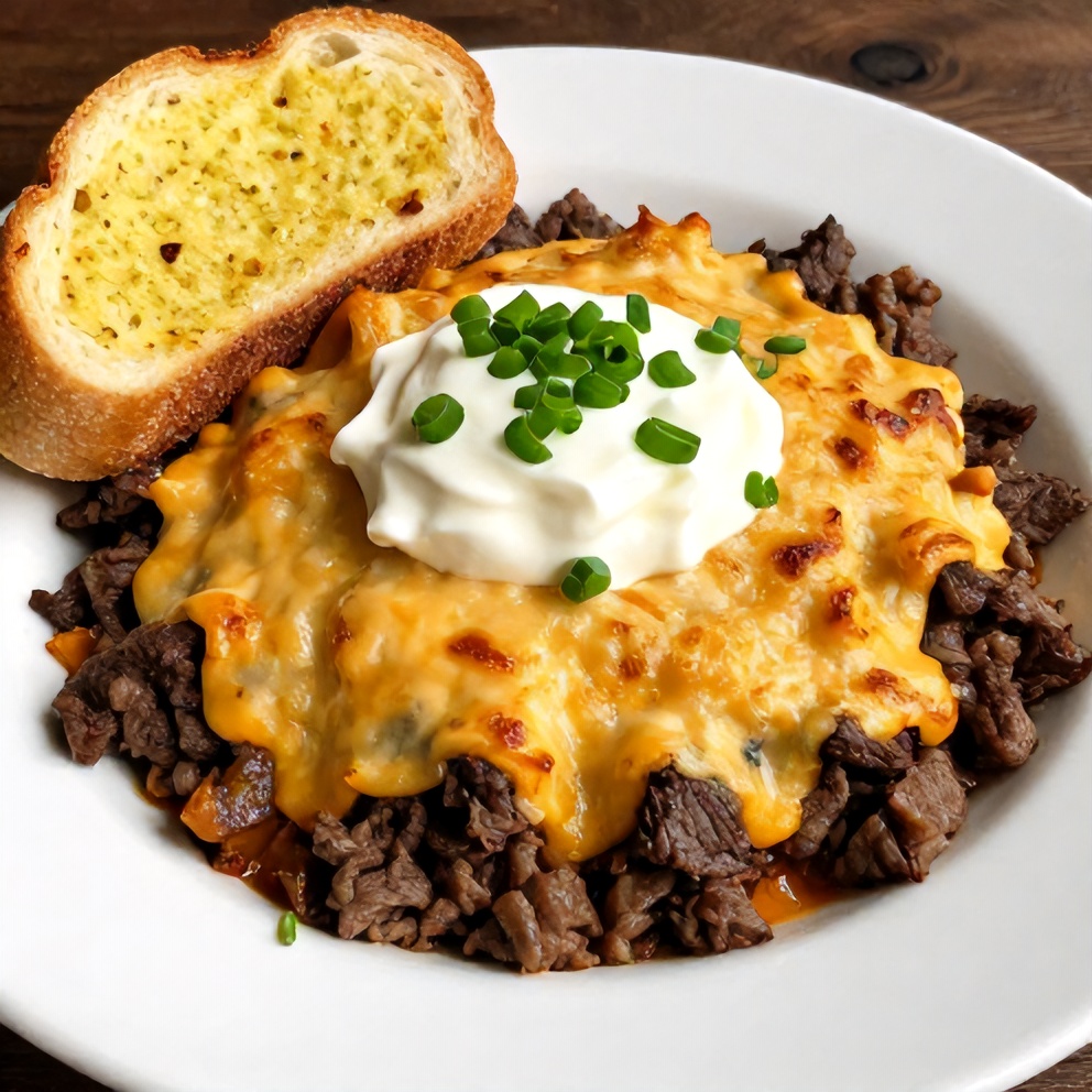 Plated serving of Slow Cooker Cowboy Casserole with a side of garlic bread