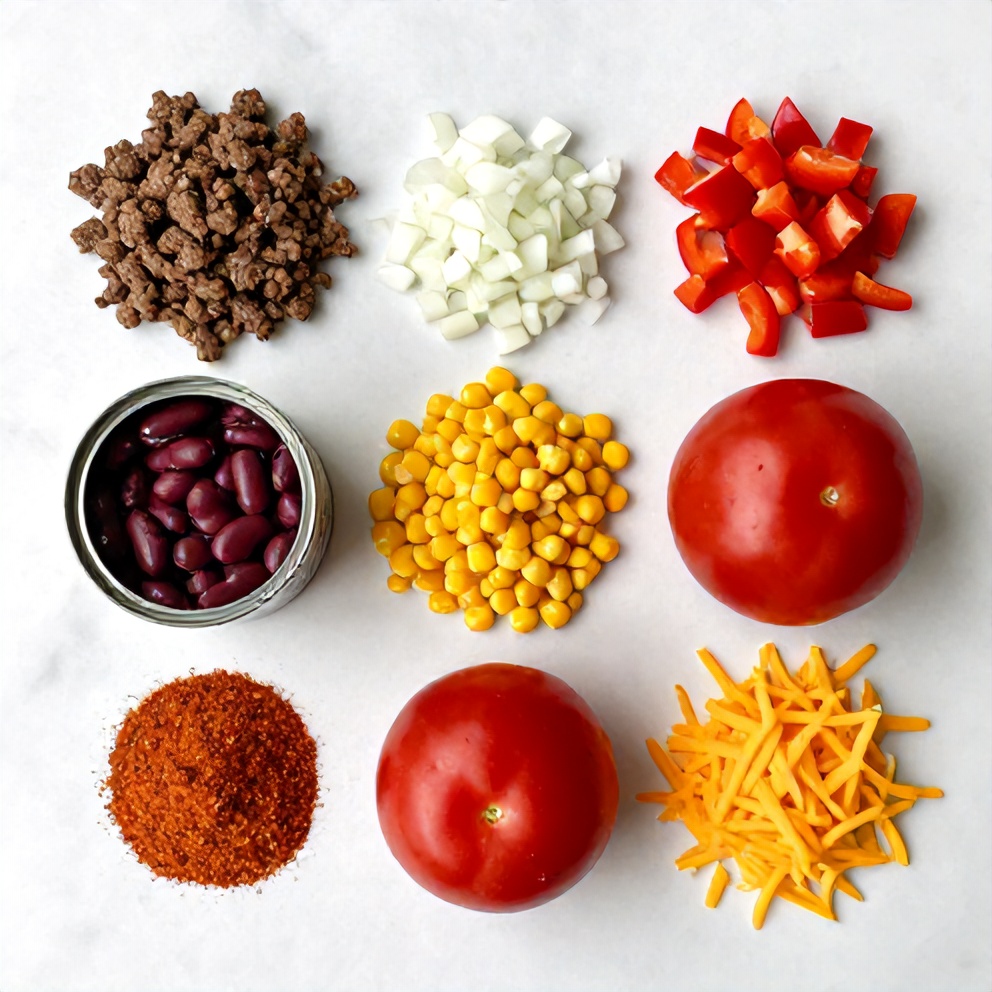 Ground beef, beans, corn, diced tomatoes, and cheese for Slow Cooker Cowboy Casserole