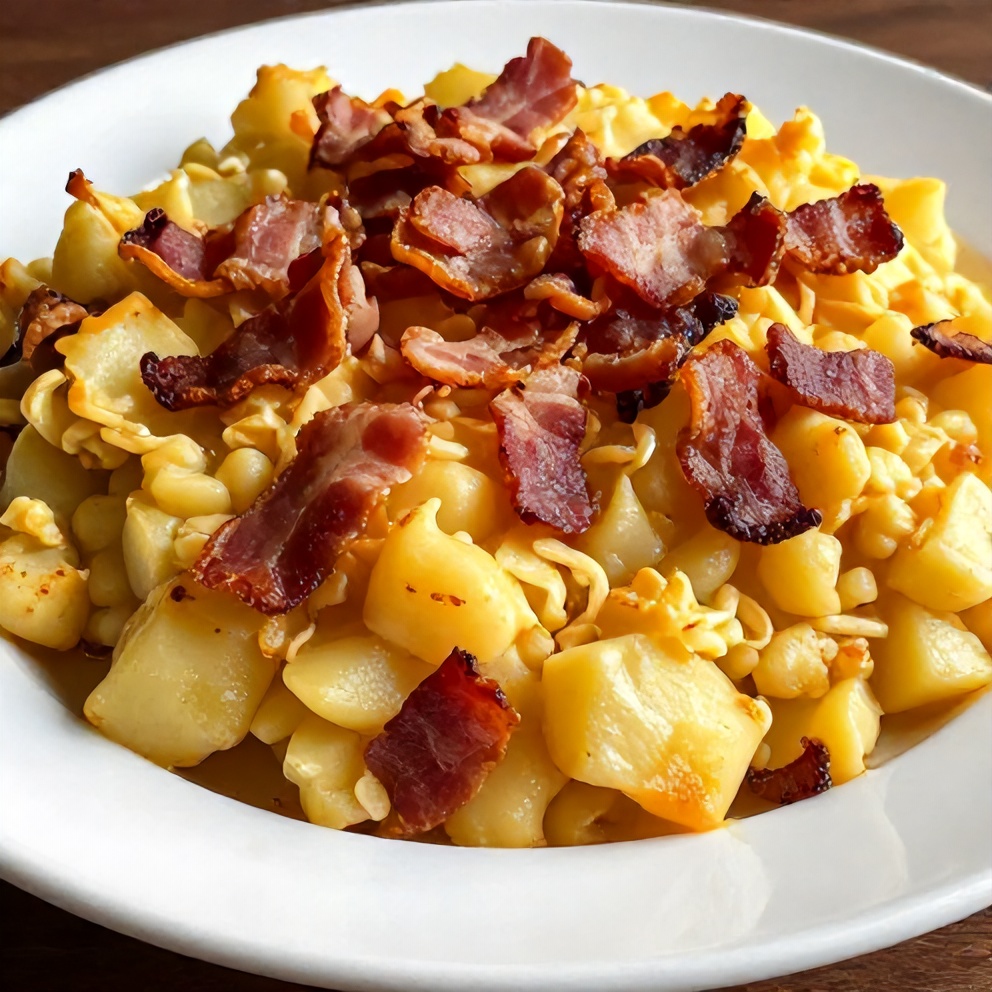 Plated serving of slow cooker potato casserole with crispy bacon on top
