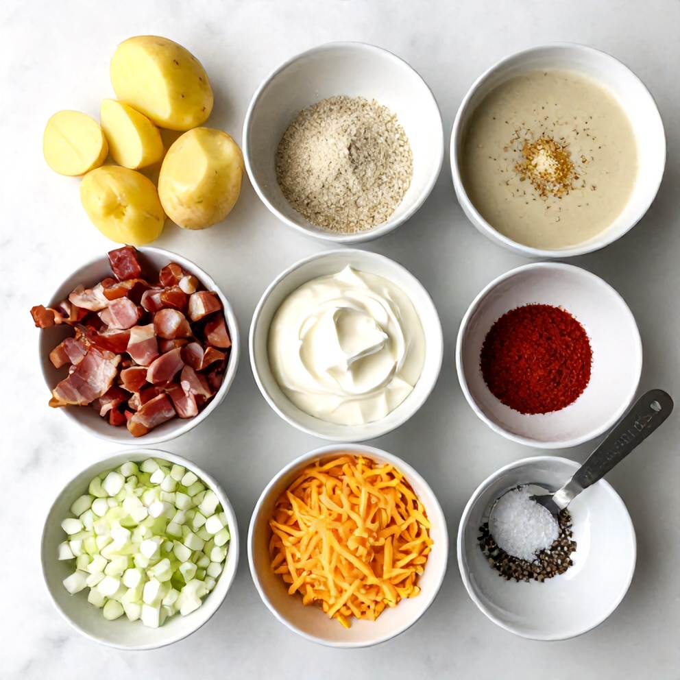 Raw ingredients for slow cooker potato casserole laid out on a wooden surface