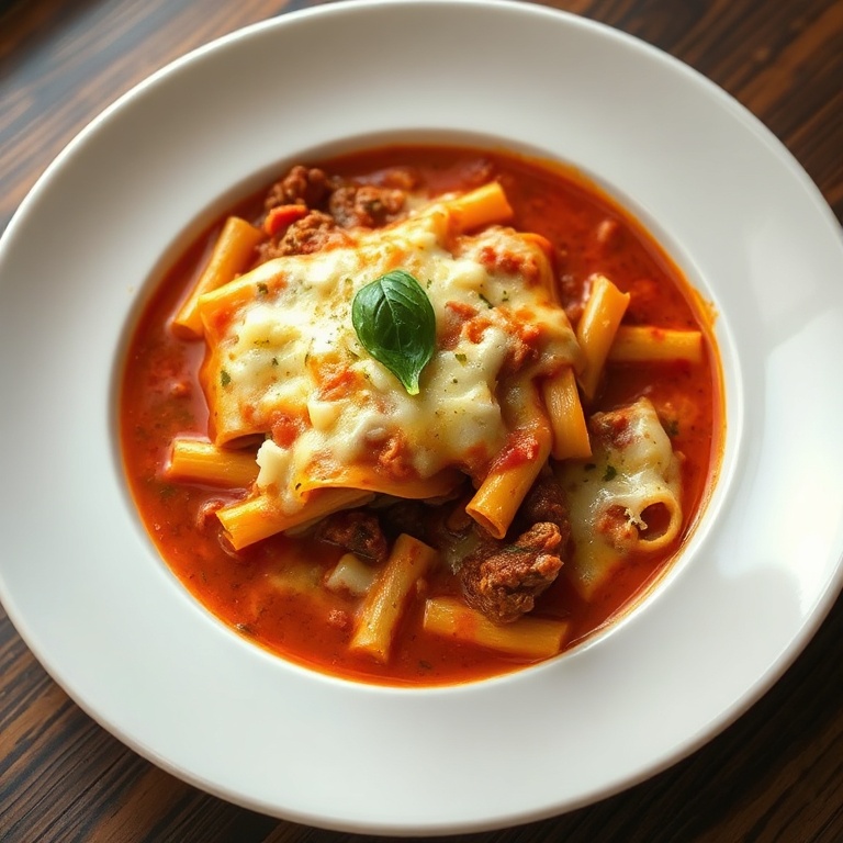 A bowl of slow cooker lasagna soup topped with melted mozzarella and fresh basil on a white ceramic bowl, cozy and steamy with golden cheese, close cropped.