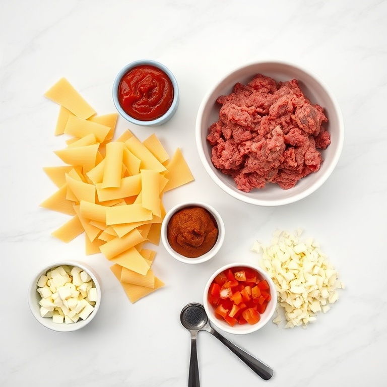 All raw ingredients for easy slow cooker lasagna soup arranged overhead including ground beef, broken lasagna noodles, diced tomatoes, yellow onion, shredded mozzarella, surrounded by prep bowls on marble.