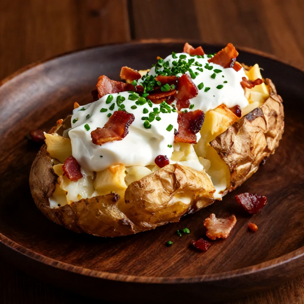 Plated serving of loaded baked potatoes