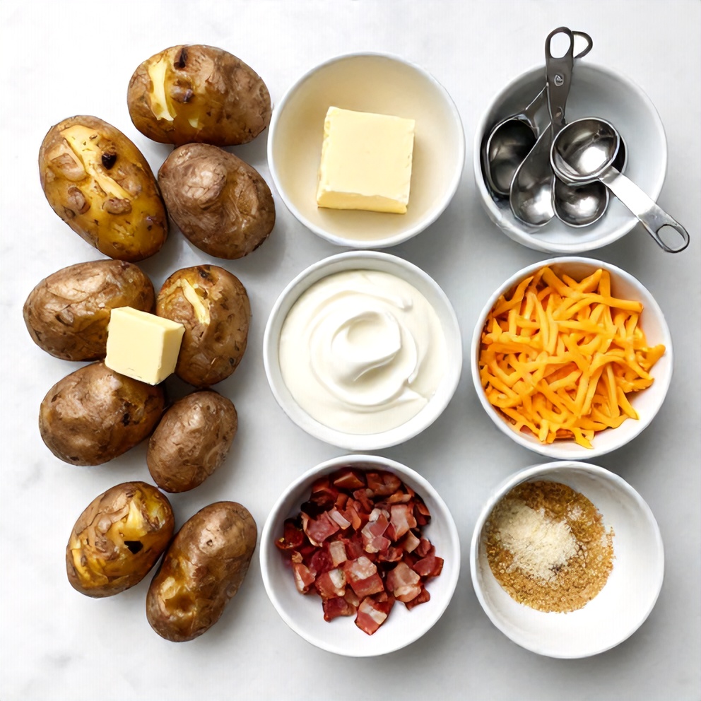 Flat lay of ingredients for slow cooker baked potatoes