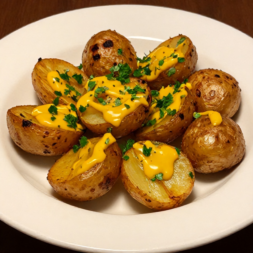 Plated smoky baby potatoes with beer mustard