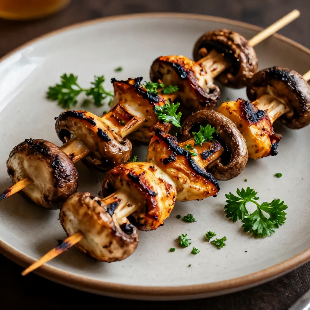 Plated mushroom skewers with parsley garnish on a rustic plate