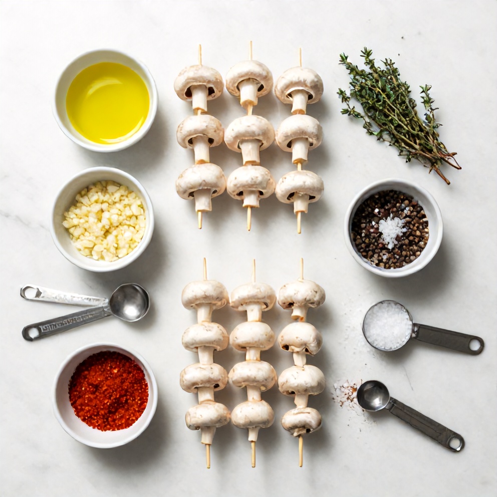 Raw mushrooms, skewers, olive oil, and seasonings laid out on a wooden surface