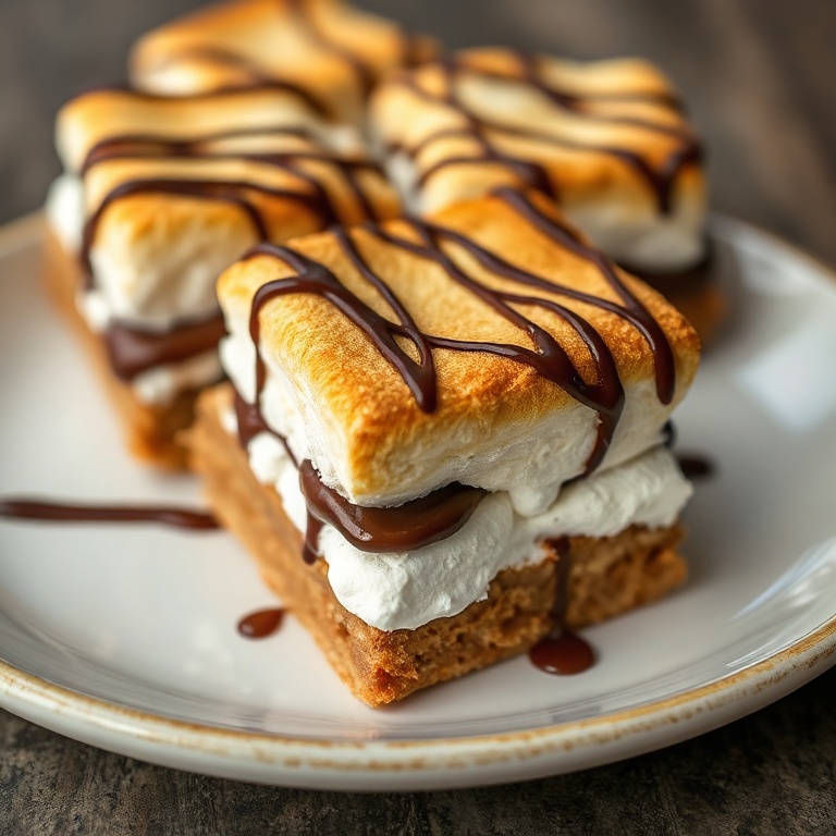 Perfect plated s'mores bars with toasted marshmallows on top. Garnished with chocolate drizzle. Close crop showing texture. Warm lighting. Photorealistic food photography.