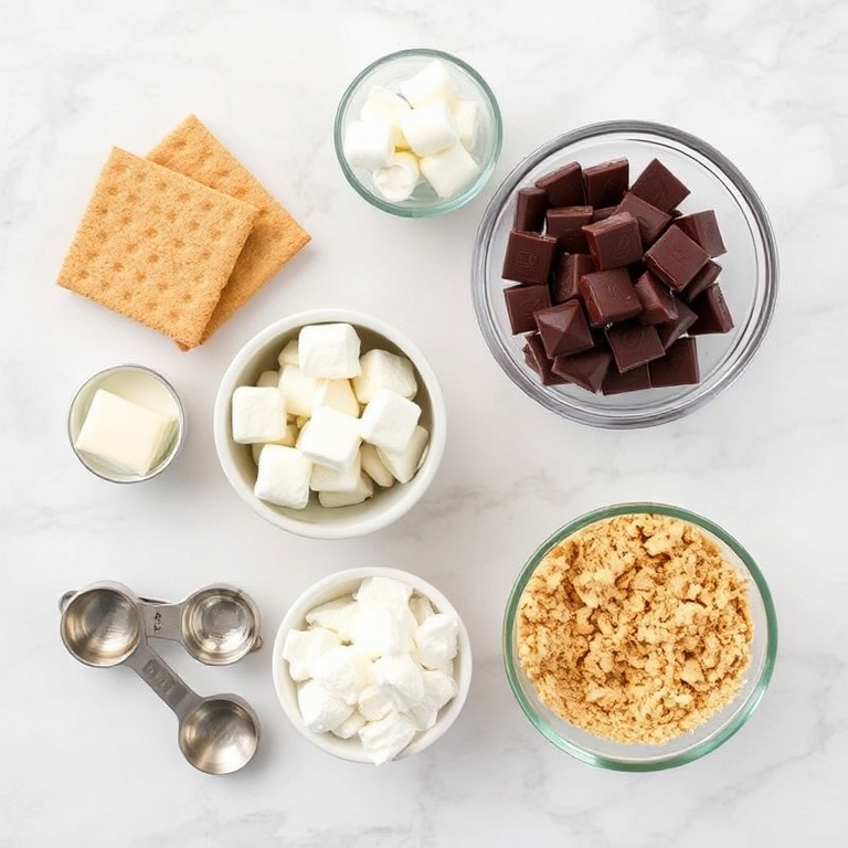 Raw ingredients for easy s'mores bars: graham crackers, chocolate, marshmallows, butter, and graham cracker crumbs. Measuring spoons and bowls visible. White marble surface. Bright even light.