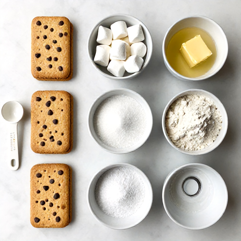 Graham crackers, chocolate chips, marshmallows, butter, sugar, eggs, vanilla extract, flour, baking soda, salt