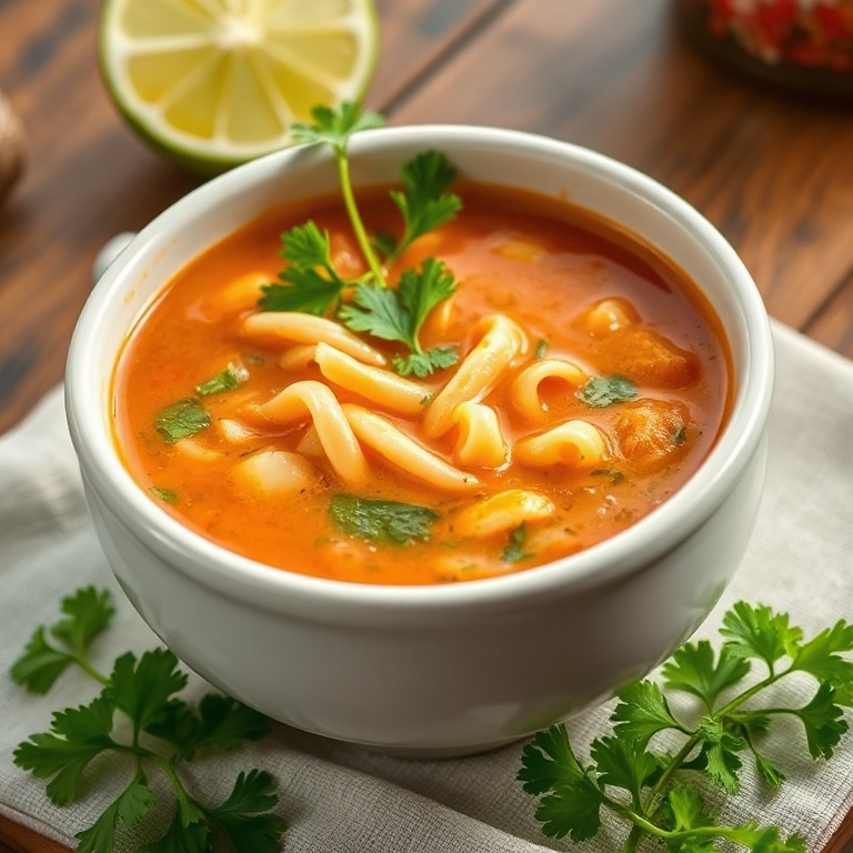 Sopa de fideo in a white ceramic bowl. Garnished with fresh cilantro and lime. Warm side lighting shows texture and color.