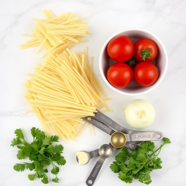 Raw ingredients for sopa de fideo: fideo noodles, tomatoes, onion, garlic, cilantro, lime. Measuring spoons and bowls on a white marble surface.