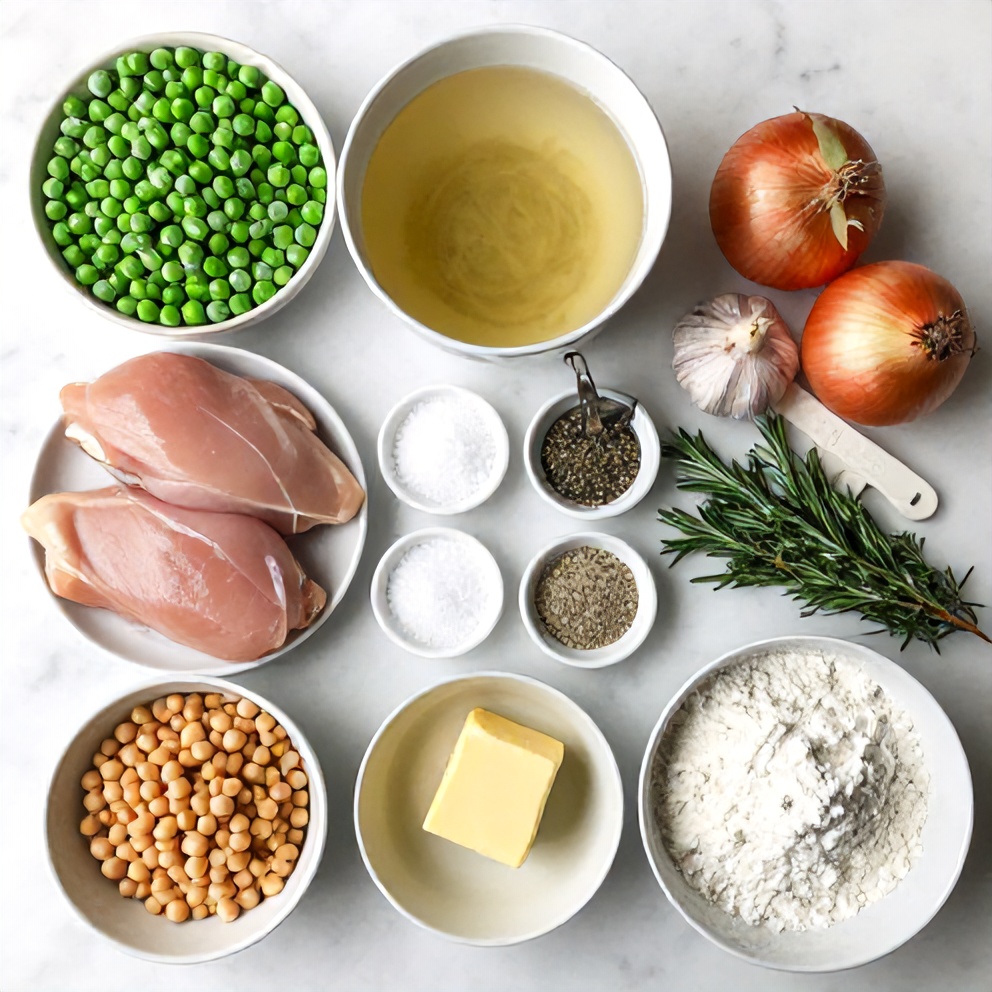 Raw ingredients for Southern Peas and Dumplings on a white marble surface