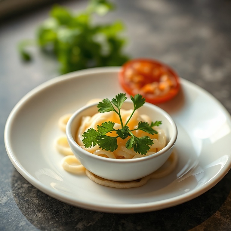 One perfect serving with fresh cilantro. White ceramic plate. Warm side lighting. Close crop. Photorealistic food photography.