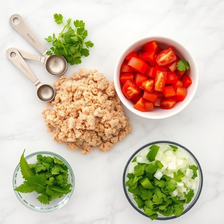 Ground turkey, tomatoes, green chiles, onion, cilantro. Measuring spoons and bowls. White marble surface. Bright even light. Photorealistic overhead food photography.