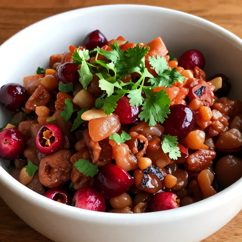 Spicy Cranberry Salsa served in a bowl with tortilla chips
