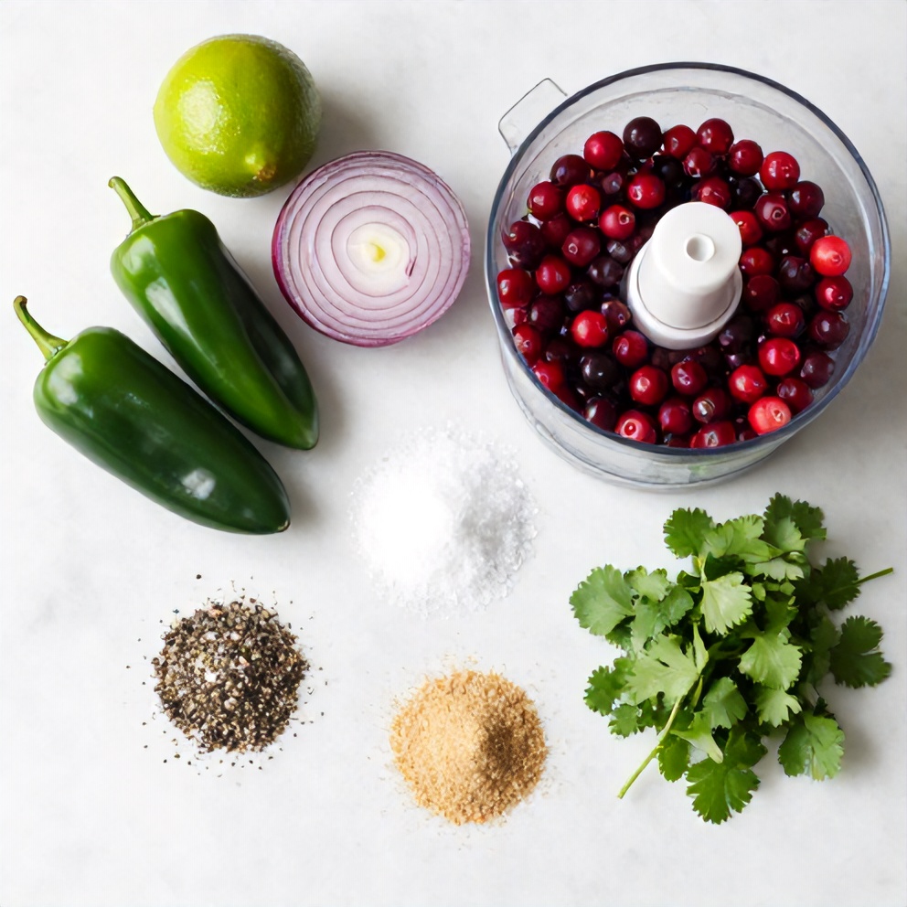Raw ingredients for Easy Spicy Cranberry Salsa on a marble surface