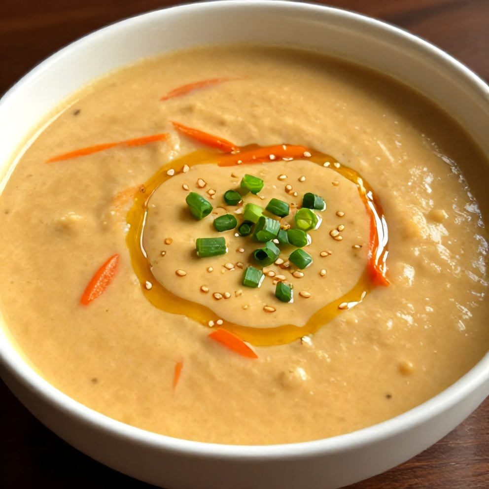 Bowl of Spicy Miso Carrot Soup with a drizzle of oil