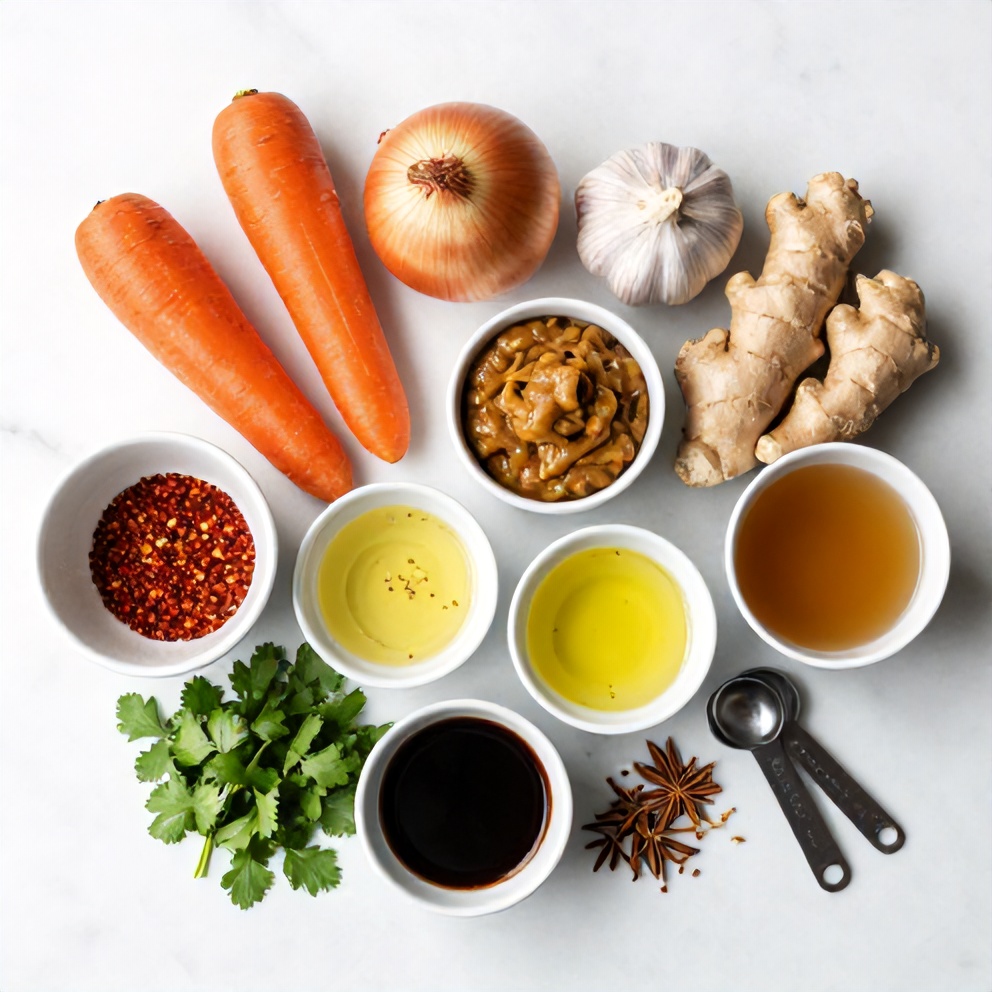 Ingredients for Spicy Miso Carrot Soup on a wooden surface