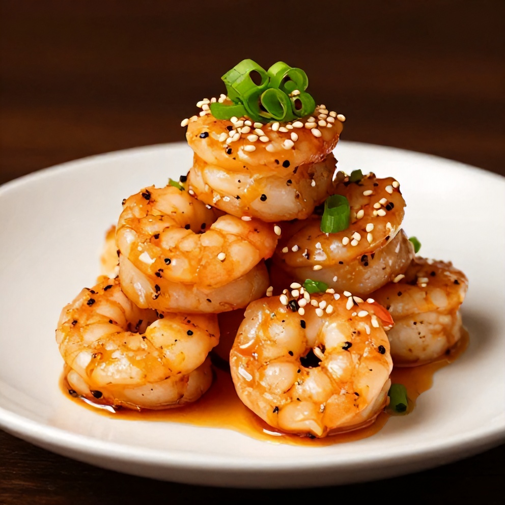 Plated Spicy Shrimp Sushi Stacks with green onions and sesame seeds