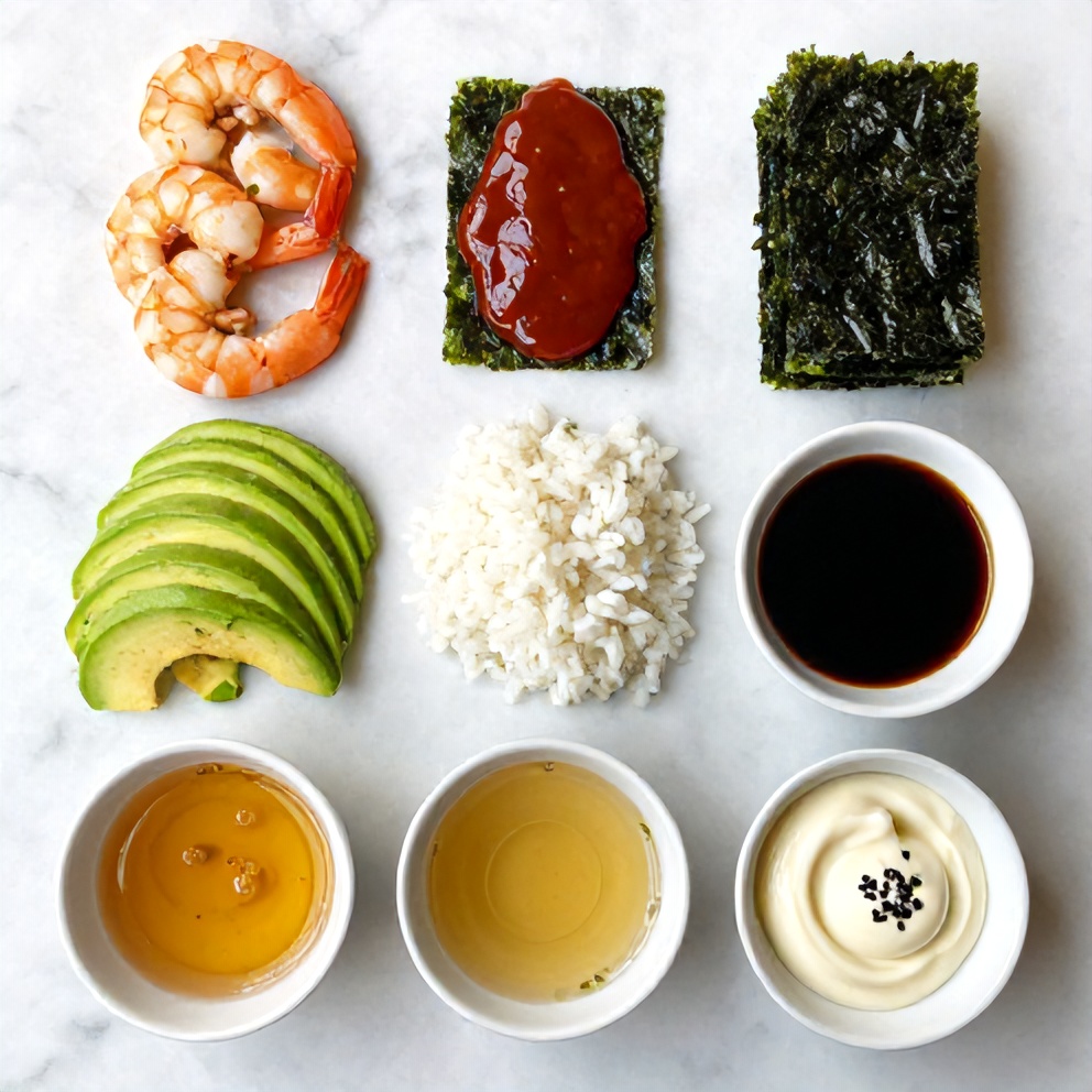 Raw ingredients for Spicy Shrimp Sushi Stacks on a white marble surface