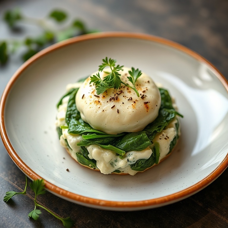 One perfect plated serving of spinach cottage cheese flagels. Topped with fresh herbs, close crop, warm side lighting showing texture, photorealistic food photography