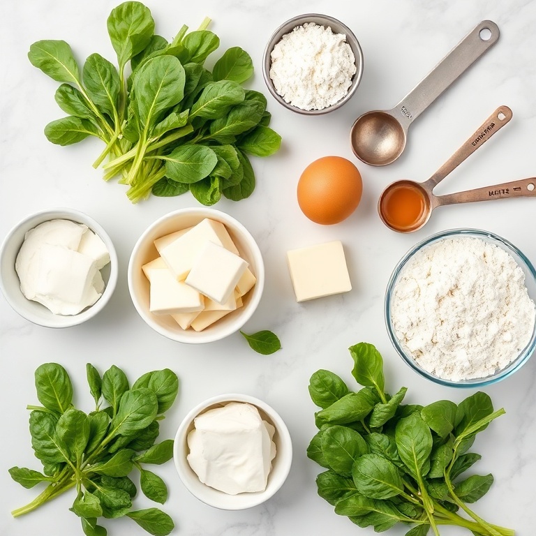 Raw ingredients for spinach cottage cheese flagels arranged as an overhead flat lay. Spinach, cottage cheese, flour, eggs, and butter visible. Measuring spoons and bowls nearby, bright natural light, white marble surface, photorealistic food photography