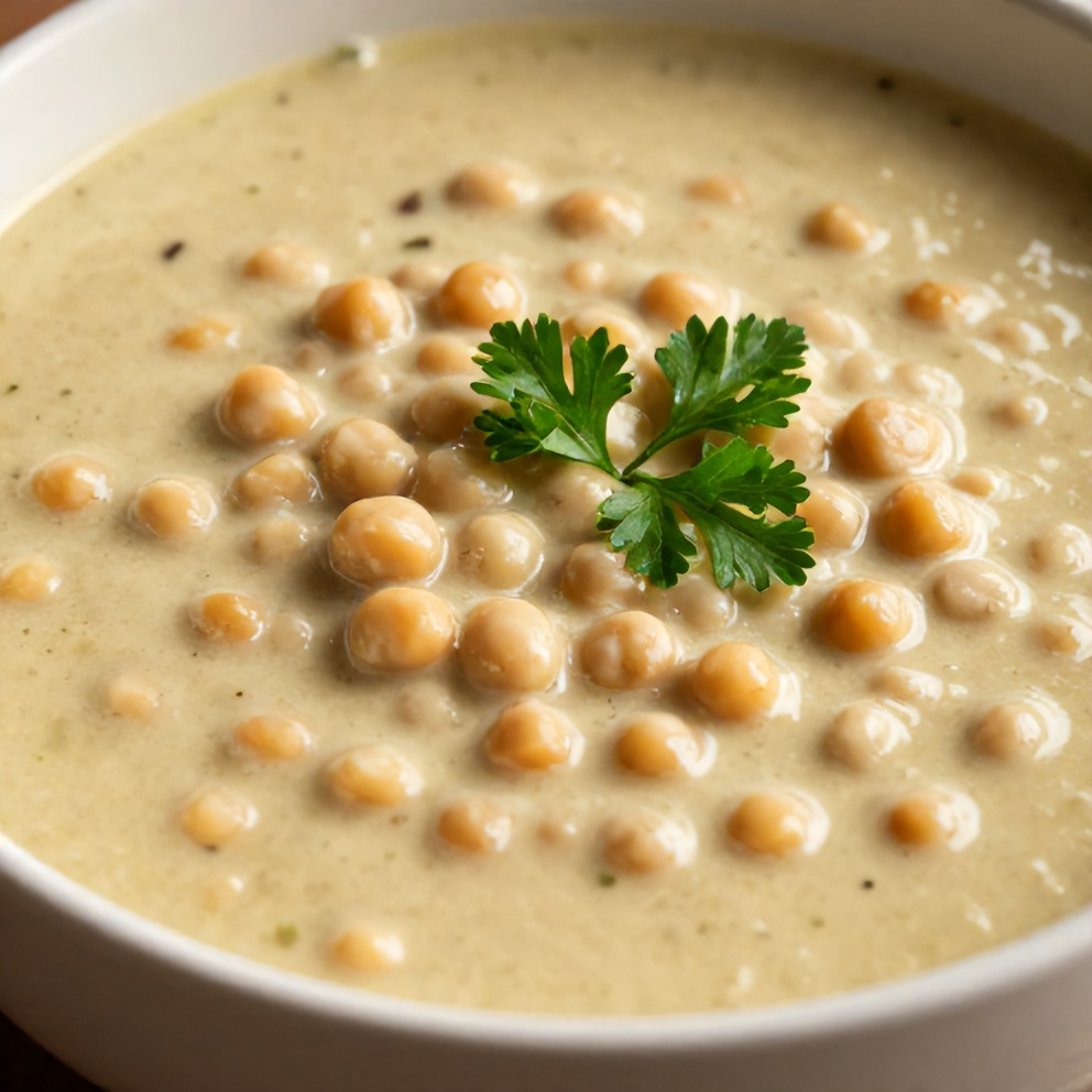 Bowl of creamy split pea soup garnished with fresh parsley