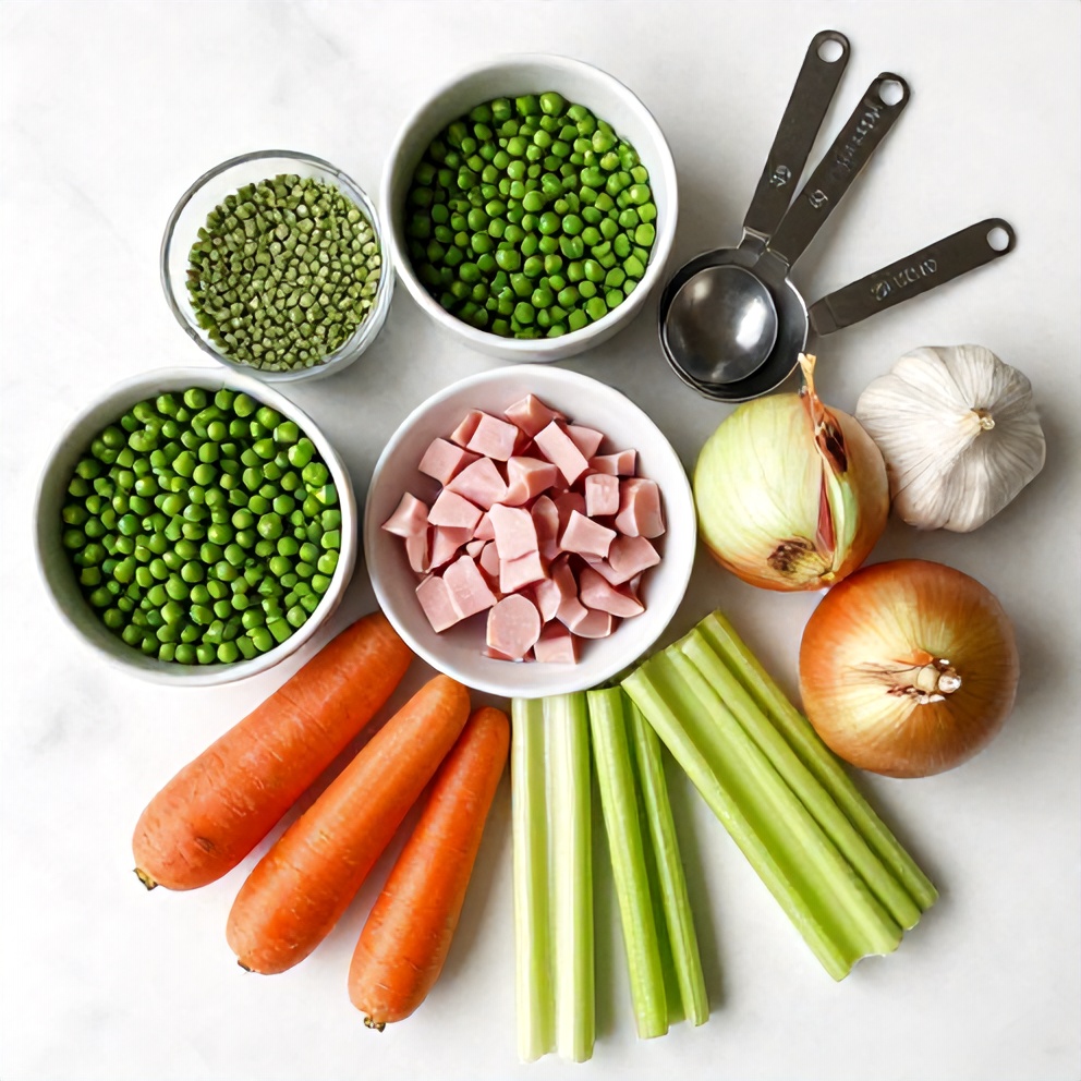 Split peas, onion, carrots, celery, garlic, and ham on a marble surface