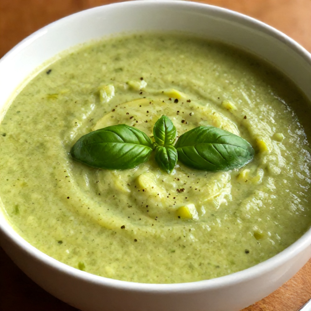 Bowl of Easy Spring Zucchini Basil Soup with a sprinkle of fresh basil