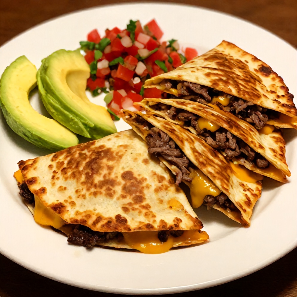 Plated steak cheese quesadillas with avocado slices and salsa