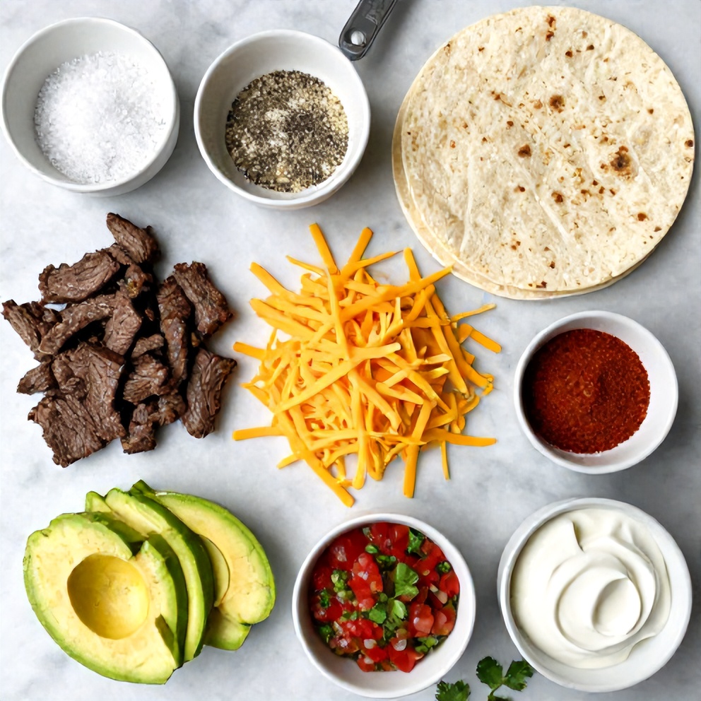 Raw ingredients for steak cheese quesadillas in a flat lay on a marble surface