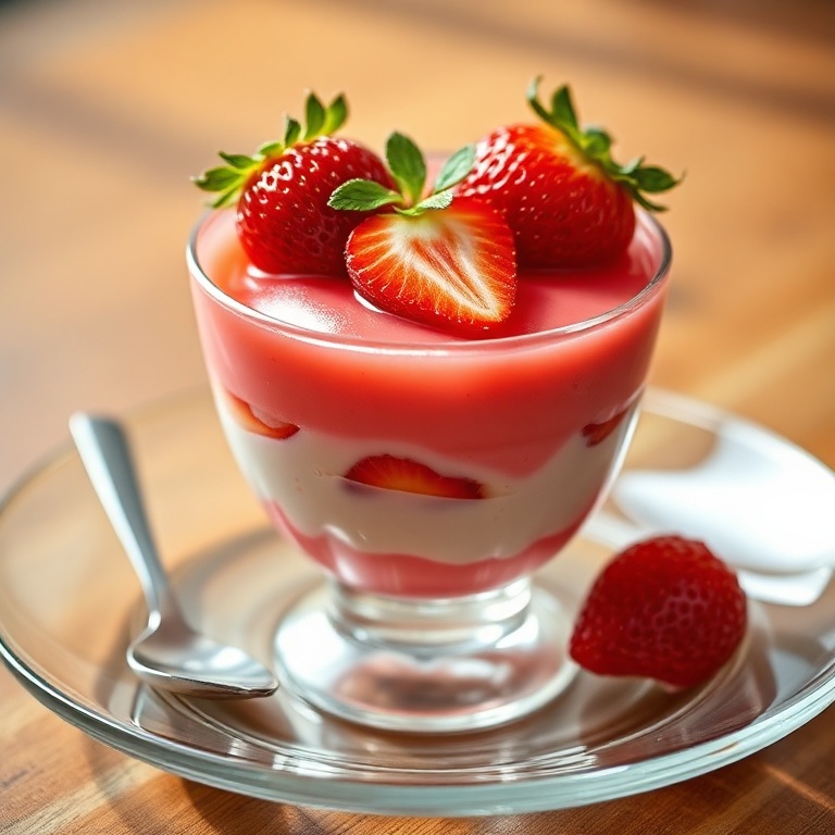 Strawberry Jello Parfait in a glass serving cup with fresh strawberries on top