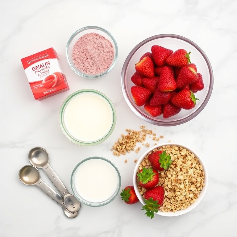 Ingredients for Strawberry Jello Parfait: gelatin, strawberry powder, milk, granola, fresh strawberries, and a glass cup