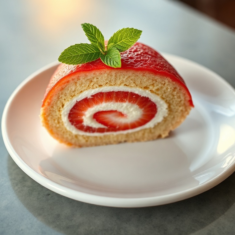 A slice of strawberry roll cake with a mint leaf garnish on a white dessert plate, close crop highlighting texture.