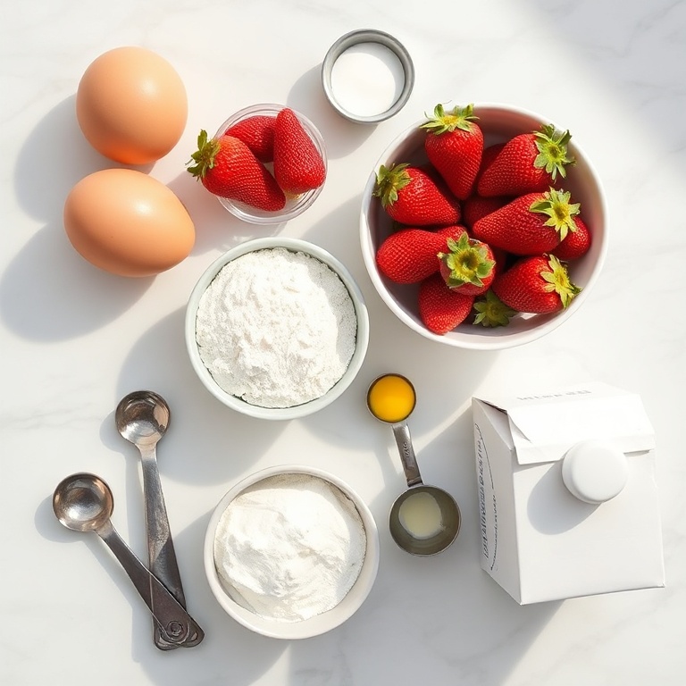 Overhead of eggs, strawberries, flour, sugar, and heavy cream, with bowls and measuring spoons on white marble.