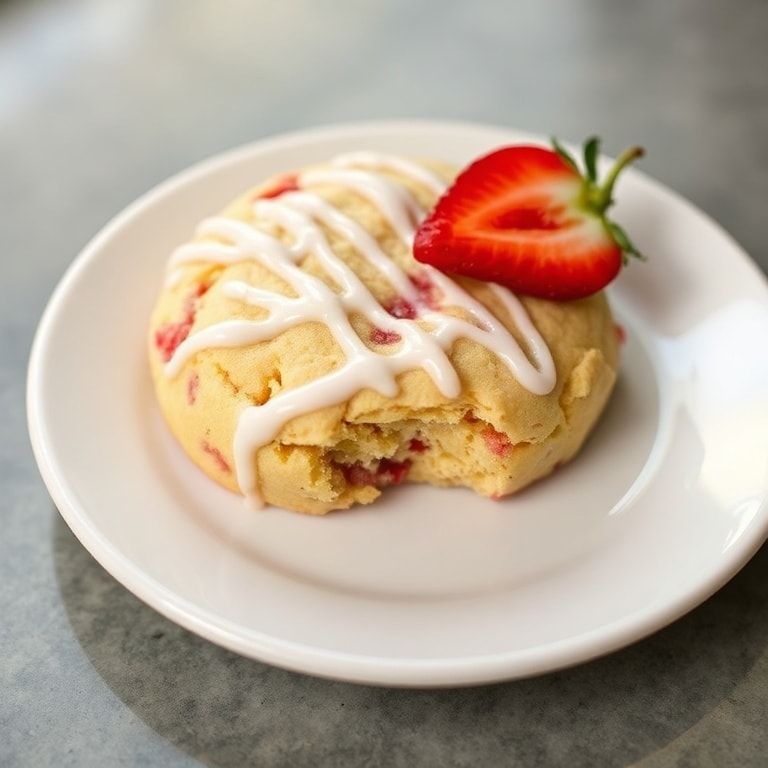 One perfect strawberry shortbread cookie on a small white plate, glazed, topped with a fresh strawberry slice, and visible shortbread crumbs.
