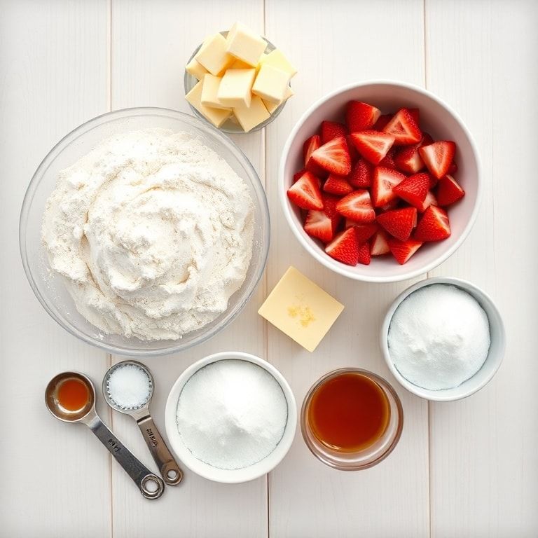 All raw ingredients for easy strawberry shortbread cookies: flour, butter, fresh strawberries, sugar, and powdered sugar arranged as a flat lay with prep bowls and spoons.